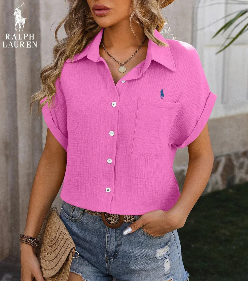 R. Ꮮаᴜгеn Korte Mouw Pocket Shirt – Luchtige Pasvorm