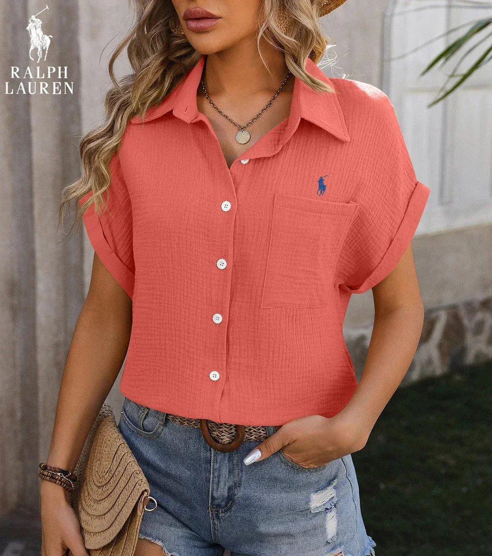 R. Ꮮаᴜгеn Korte Mouw Pocket Shirt – Luchtige Pasvorm